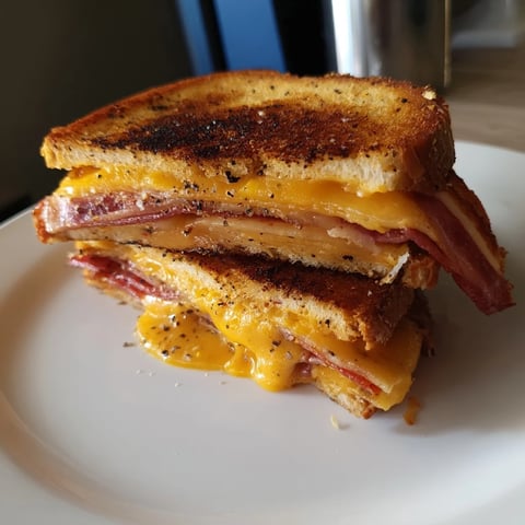 Crispy Bacon Cheddar Grilled Cheese, oozing melted cheddar with golden, crisp sourdough crust, ready to devour.