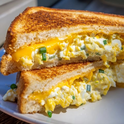 Golden, cheesy Egg Salad Grilled Cheese sandwich, a comfort food classic, ready to be sliced and enjoyed.