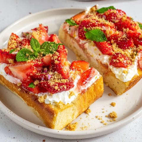 Strawberry Cheesecake Toast topped with macerated strawberries and creamy, sweet cream cheese on toasted bread.