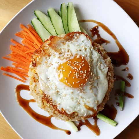 Golden-crisped rice forms the base of this Crispy Egg Rice Bowl, topped with a fried egg and fresh veggies.