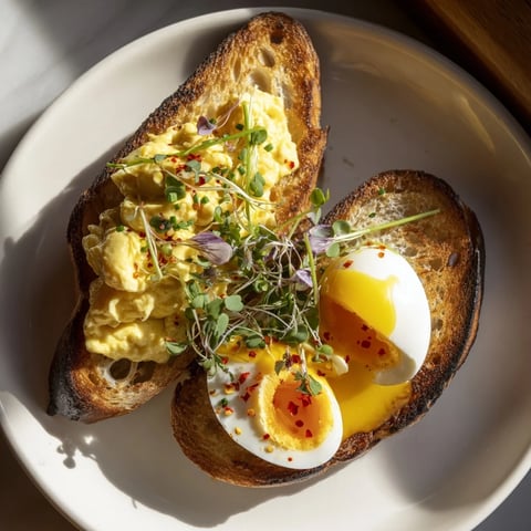 Golden, crispy Egg Flight Toast topped with soft scrambled, soft-boiled, and fried eggs.
