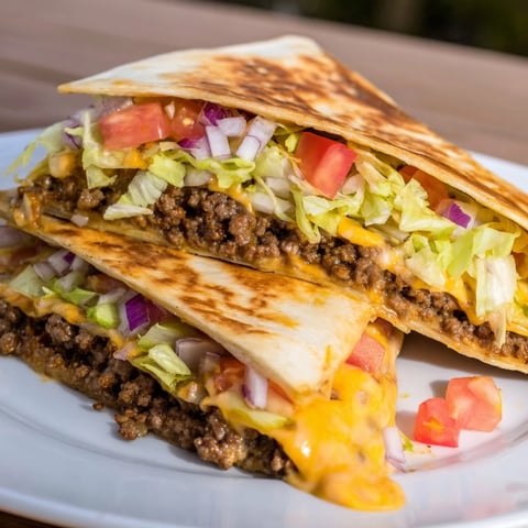 Golden-brown Taco Bell Crunchwrap Supreme, oozing cheese and beef, awaits being sliced for a satisfying bite.