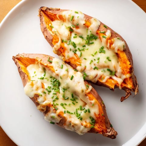 Golden, bubbly Sweet Potato & Cheese Whole Roast, a savory vegetarian main dish perfectly served warm.