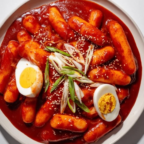 Steaming Korean Tteokbokki: Red gochujang sauce coats chewy rice cakes with visible green onions.