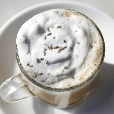 Fluffy whipped lavender foam tops a rich, creamy whipped lavender latte, a perfect coffee beverage.