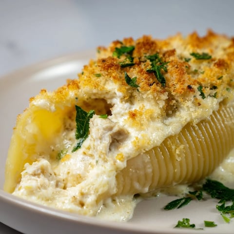 Golden-baked Chicken Alfredo Stuffed Shells sit in a ceramic dish, topped with melted mozzarella and fresh parsley.  