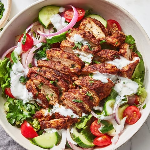 Colorful Chicken Shawarma Salad Bowl with spiced, juicy chicken thighs over crisp greens, tomatoes, cucumbers, and a creamy garlic sauce drizzle.  