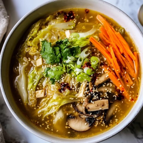 Fragrant ginger and miso broth with tender napa cabbage and shiitake mushrooms, garnished with sesame seeds.
