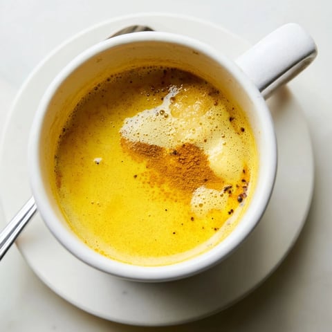 Warm mug of creamy turmeric and ginger golden milk, gently steaming and garnished with a dusting of cinnamon for a cozy, soothing sip.