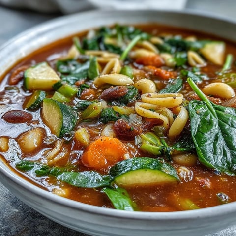Homemade Minestrone Soup with beans and pasta in a red tomato broth in a rustic bowl.
