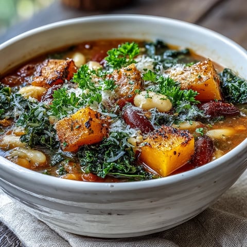 Steaming bowls of Winter Minestrone Soup with Butternut Squash and Kale, served with crusty bread.