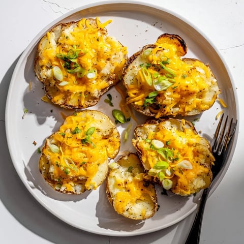Crispy Smashed Green Onion Potato Bombs topped with melted cheese and fresh herbs.  
