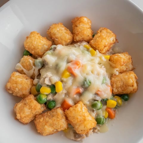 Golden brown tater tots top this bubbling, creamy Tater Tot Chicken Pot Pie, ready to serve.