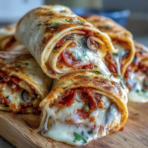 Golden-baked Tortilla Pizza Rolls with melted mozzarella and zesty pepperoni on a rustic wooden board.