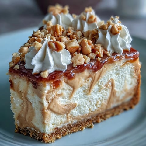 Creamy Nutter Butter cheesecake slice topped with whipped cream and chopped peanuts, served on a white plate.