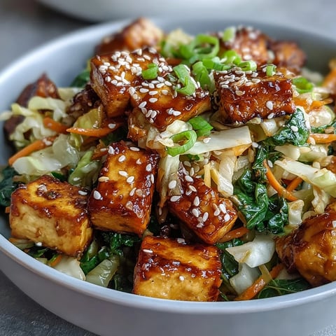 Golden pan-fried tofu cubes and crisp vegetables tossed in a savory sesame sauce in a bowl.