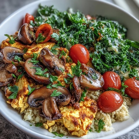 A close-up view of a hearty Scrambled Tofu Breakfast Bowl featuring fluffy turmeric tofu, sautéed kale, and mushrooms over a bed of whole wheat couscous.
