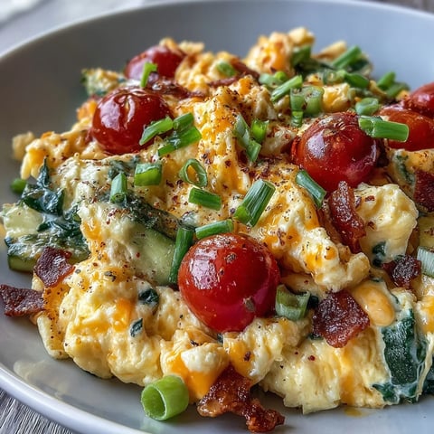 Golden scrambled eggs with melted cheddar and sautéed veggies in a white breakfast bowl.