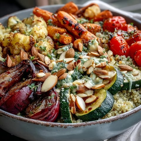 Roasted seasonal vegetables and fluffy quinoa fill this Veggie and Quinoa Power Bowl, topped with crunchy almonds and a lemon vinaigrette drizzle.