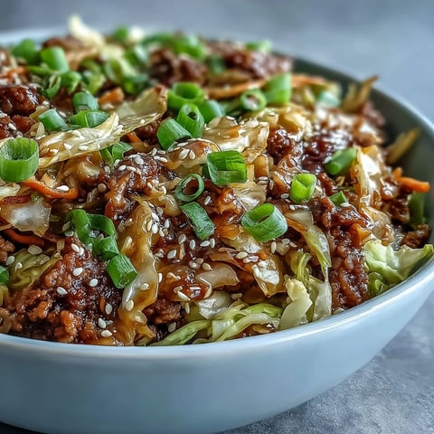 Ground pork and cabbage slaw mix sizzle in a skillet for this low carb Egg Roll in a Bowl.