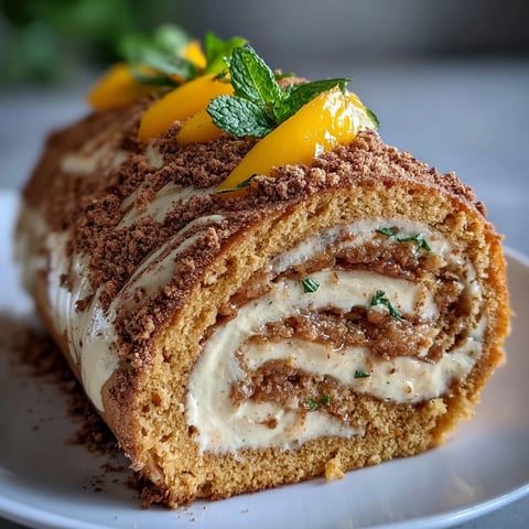 Hojicha Roll Cake shows a golden sponge spiral filled with creamy hojicha frosting and bright mango strips.