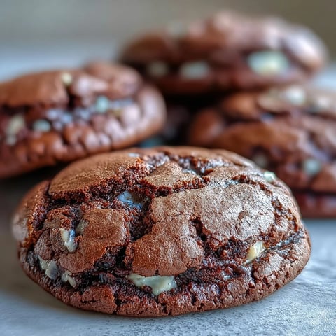 Freshly baked Hojicha Brownie Cookies with white chocolate chunks on a cooling rack, showcasing their crackly tops.