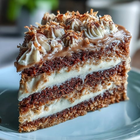 A slice of Vegan Hojicha Latte Cake shows a tender, dark crumb and creamy coconut frosting on a rustic table.
