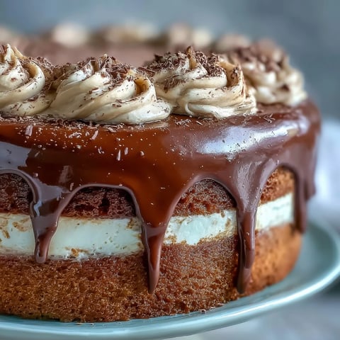 Perfectly layered Hojicha Butter Cream Cake with dark chocolate ganache dripping down the sides. 