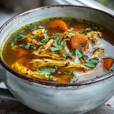 A warm bowl of Anti-Inflammatory Turmeric Chicken Soup garnished with fresh cilantro, simmering golden broth with tender shredded chicken.