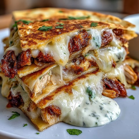 Golden-brown Cheesy Hot Honey Chicken Quesadillas wedges, oozing melted cheddar and Monterey Jack, served with a creamy jalapeño dipping sauce.