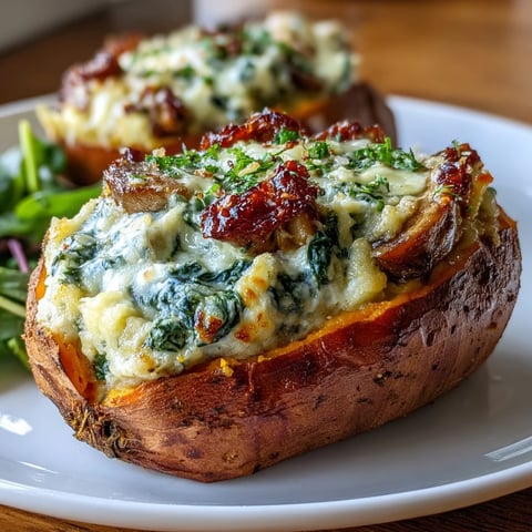 Golden-baked Creamy Mushroom and Spinach Stuffed Sweet Potatoes with melted cheese topping and fresh herbs.