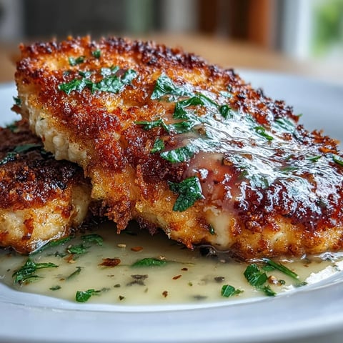 Golden-brown, crispy Lemon Parmesan Crusted Chicken cutlets plated, ready to be topped with lemon butter sauce.