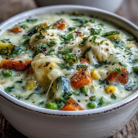 Creamy Garlic Parmesan Veggie Soup steams in a rustic bowl, garnished with extra grated cheese and fresh thyme, served with crusty bread.