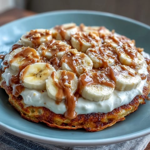 Golden-brown High-Protein Breakfast Pizza Bowl with creamy yogurt frosting, peanut butter drizzle, and fresh banana slices on a white plate.