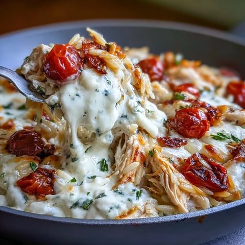 Creamy One-Pan Creamy Chicken Lasagna Orzo with tender chicken and bright cherry tomatoes, served bubbling in a skillet.