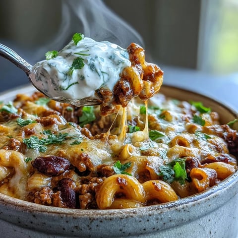 Golden, bubbly sharp cheddar tops a Dutch oven of Baked Ranch Turkey Chili Mac, garnished with fresh cilantro and a sour cream dollop.