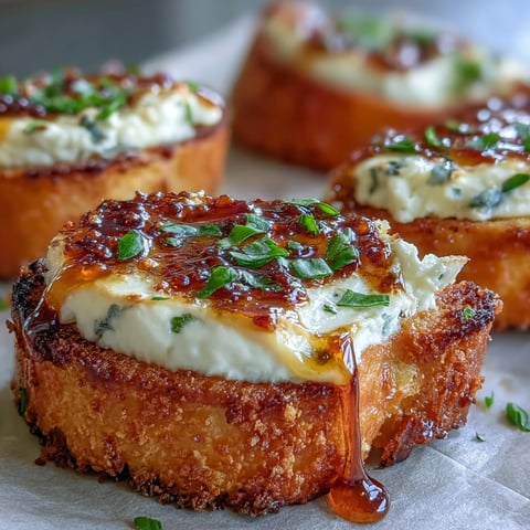 Golden, crispy toasted baguette slices are spread with creamy goat cheese mixture and drizzled with spicy hot honey.