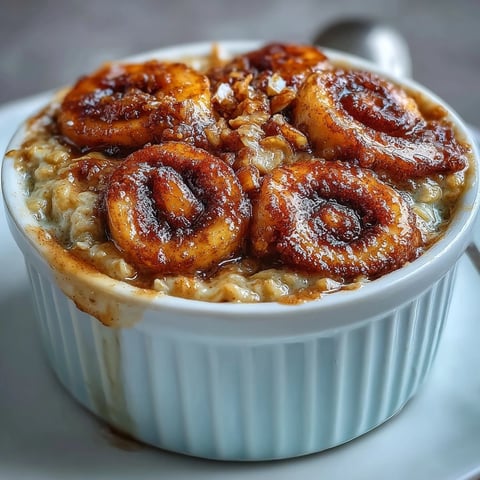 Warm Cinnamon Swirl Protein Banana Baked Oats fresh from the oven in a ramekin.