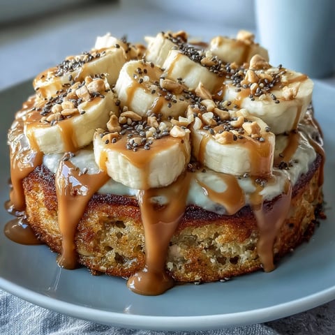 A close-up of a High-Protein Breakfast Pizza Bowl featuring a golden baked pancake base topped with creamy Greek yogurt frosting and a rich peanut butter drizzle.
