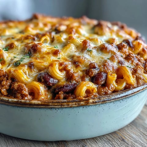 Golden, bubbly cheddar tops a skillet of Baked Ranch Turkey Chili Mac, steaming beside a fresh green garnish.