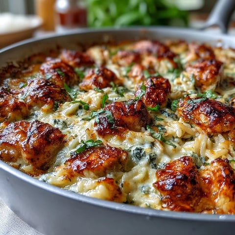 Creamy One-Pan Creamy Chicken Lasagna Orzo with melted mozzarella and fresh basil garnish in a skillet.