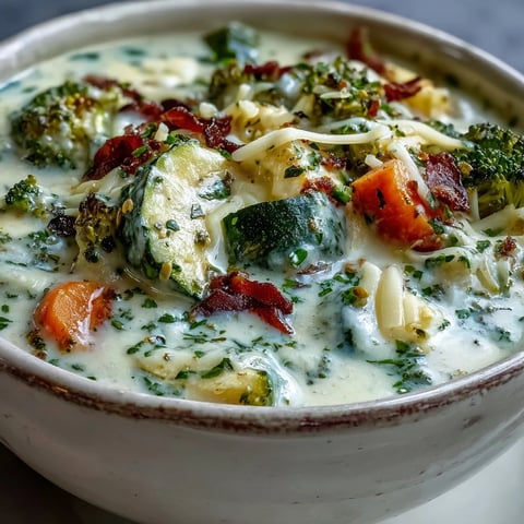 Creamy Garlic Parmesan Veggie Soup steams in a rustic bowl, topped with extra grated cheese and fresh herbs. 