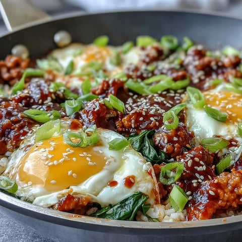 Creamy Korean Turkey Rice Skillet with jammy eggs, green onions, and sesame seeds, served steaming in a cozy bowl.