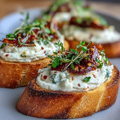 Golden, crisp toasted baguette slices with creamy hot honey goat cheese, topped with fresh thyme.