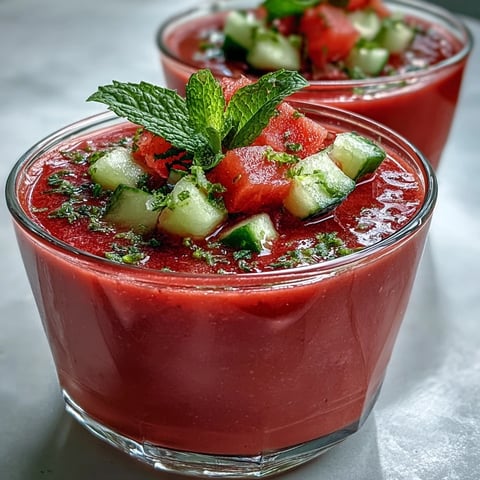 Bright red Vegan Watermelon Mint Gazpacho with diced cucumber garnish, served chilled in a rustic bowl for a refreshing summer starter.