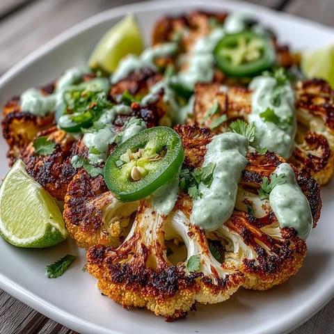 Golden roasted Keto Chili Lime Cauliflower Steaks topped with creamy avocado crema and fresh cilantro on a rustic plate.