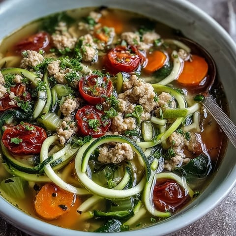 Freshly spiralized zucchini noodles swirl in a steaming bowl of Turkey and Veggie Zucchini Noodle Soup.