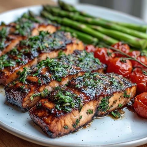 Freshly grilled lemon herb salmon fillets resting beside tender asparagus and blistered cherry tomatoes on a rustic platter.