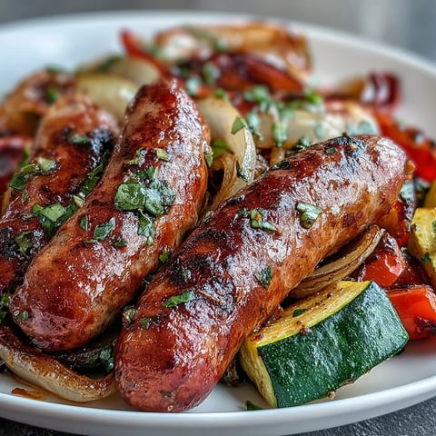 Golden-brown Italian sausages roasted on a sheet pan with caramelized peppers, zucchini, and onions, garnished with fresh basil.