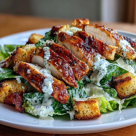 Grilled Chicken Caesar Salad with Greek Yogurt Dressing and Sourdough Croutons on a white plate, topped with shaved Parmesan and cracked black pepper.